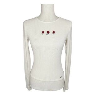 Hollister Cream Long Sleeve Fitted Top with Rose Embroidery Scoop Neck Size XS